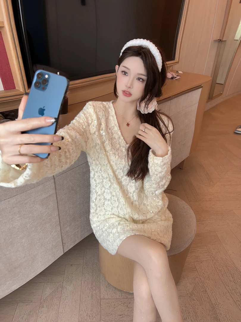 LIN小白【白月光】垫肩重工刺绣蕾丝亮片连衣裙9009