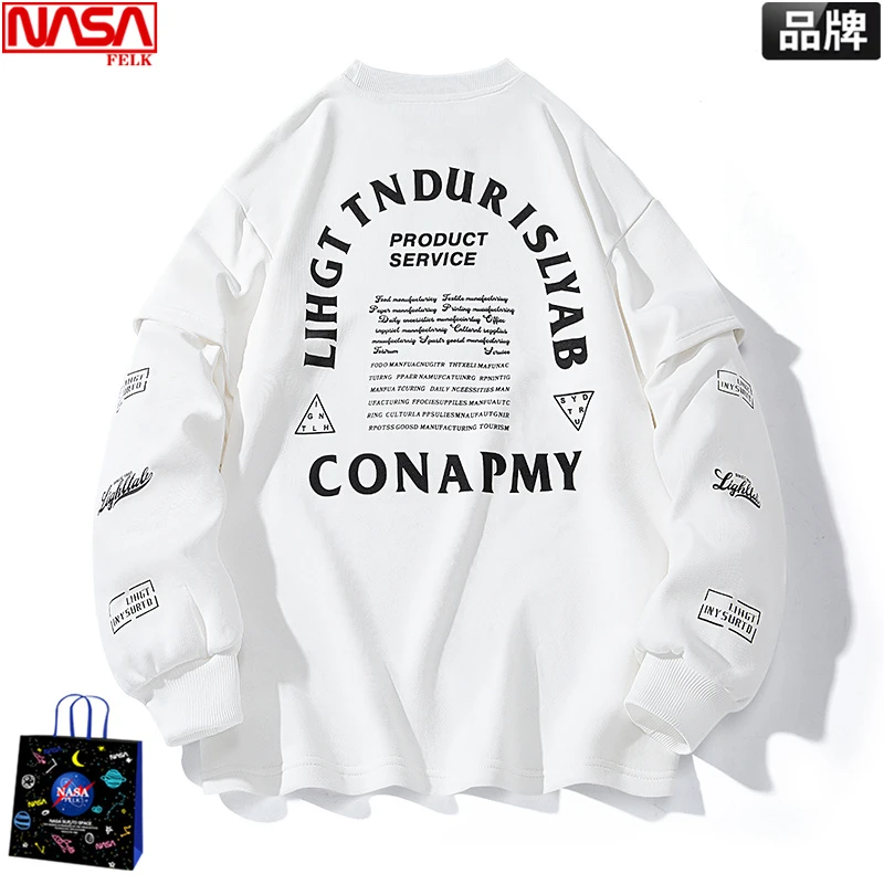 NASA美式hiphop卫衣男潮牌个性假两件嘻哈长袖t恤高档重磅上衣服