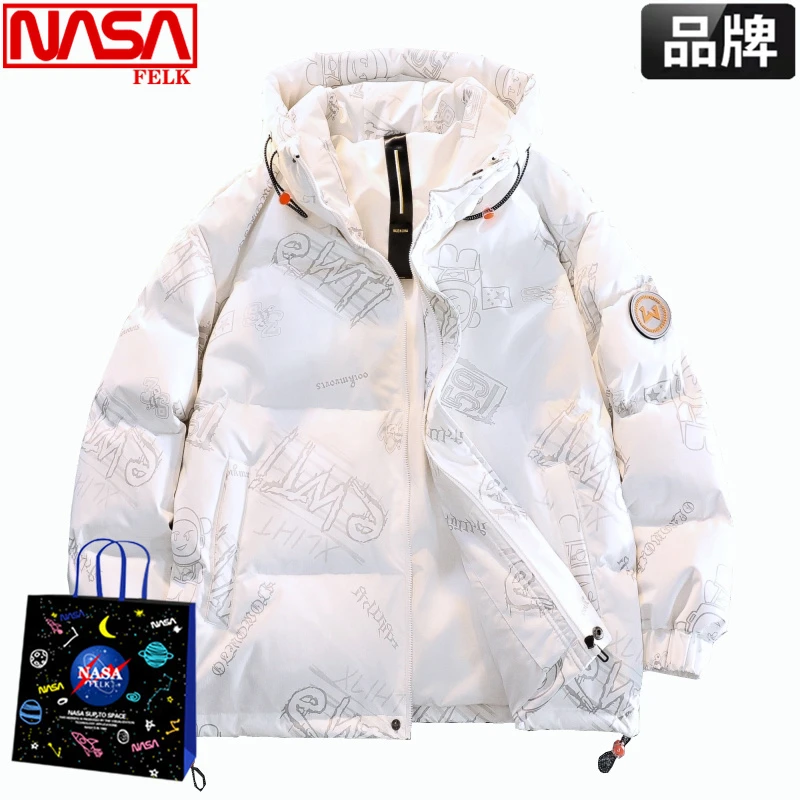 NASA联名连帽羽绒服男女爆款洋气高端短款学生卡通白鸭绒防寒外套