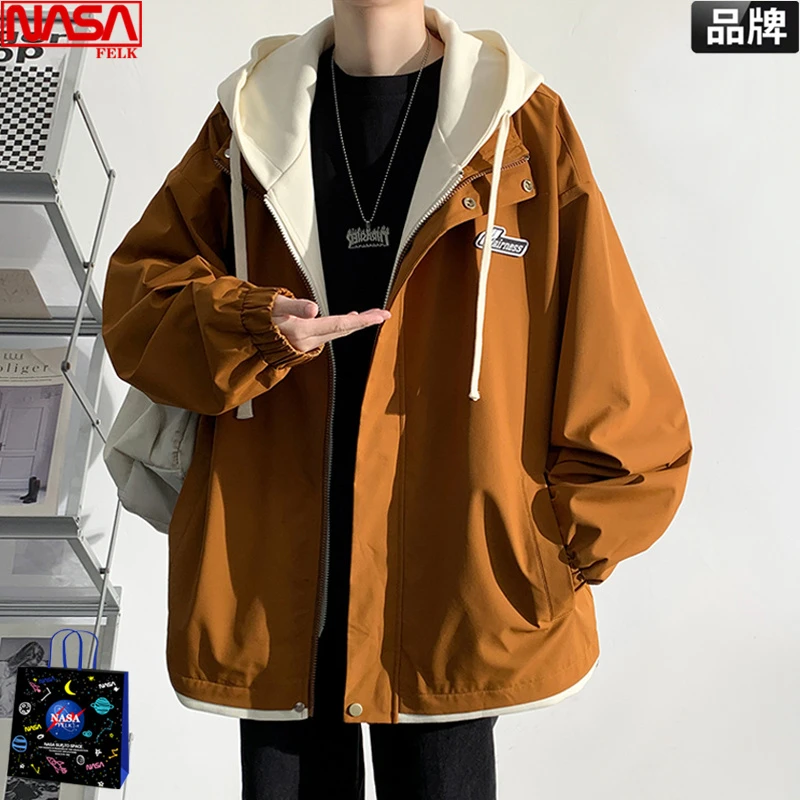 NASA夹克外套男生潮牌休闲宽松连帽外衣美式复古假两件户外冲锋衣