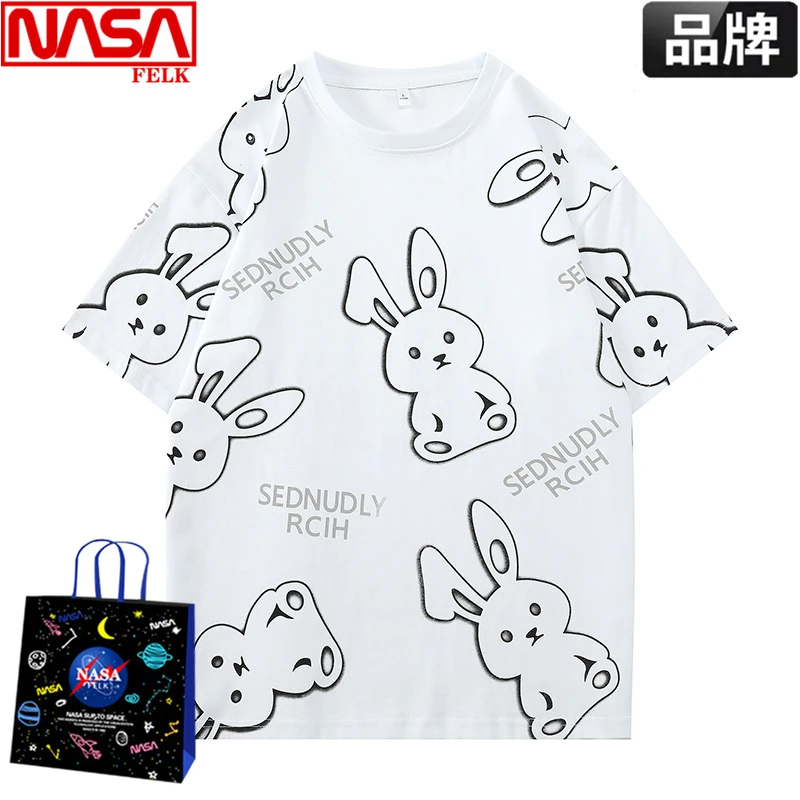 NASA联名100%纯棉短袖t恤男ins潮牌兔子满印半袖情侣休闲卡通上衣