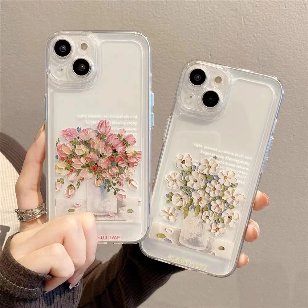 油画花朵手机壳适用苹果/华为/荣耀/小米/oppo/vivo小清新透明女