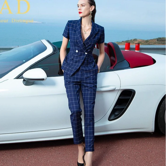 C1175气质复古藏青色白格子西装套装女职业装时尚短袖工作服夏季A