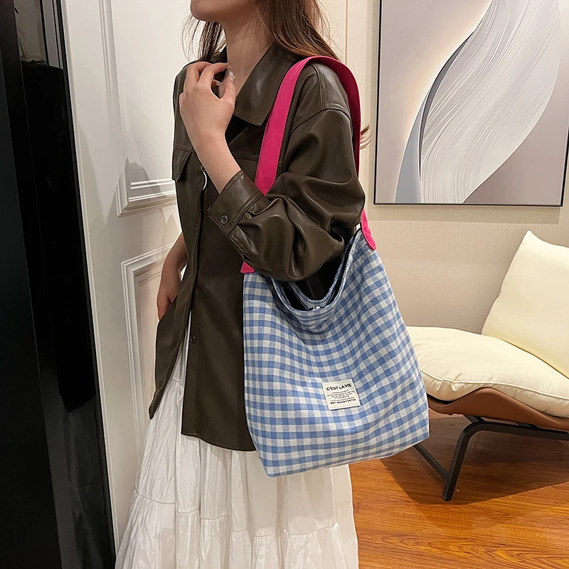 原创设计撞色格子甜美可爱单肩帆布包袋森系文艺小清新学生托特包