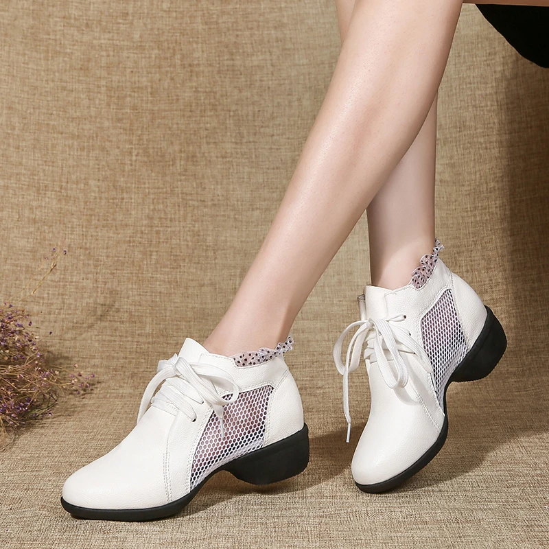 新款网面现代舞鞋女软底广场跳舞鞋水兵舞鞋休闲春季厚底百搭透气