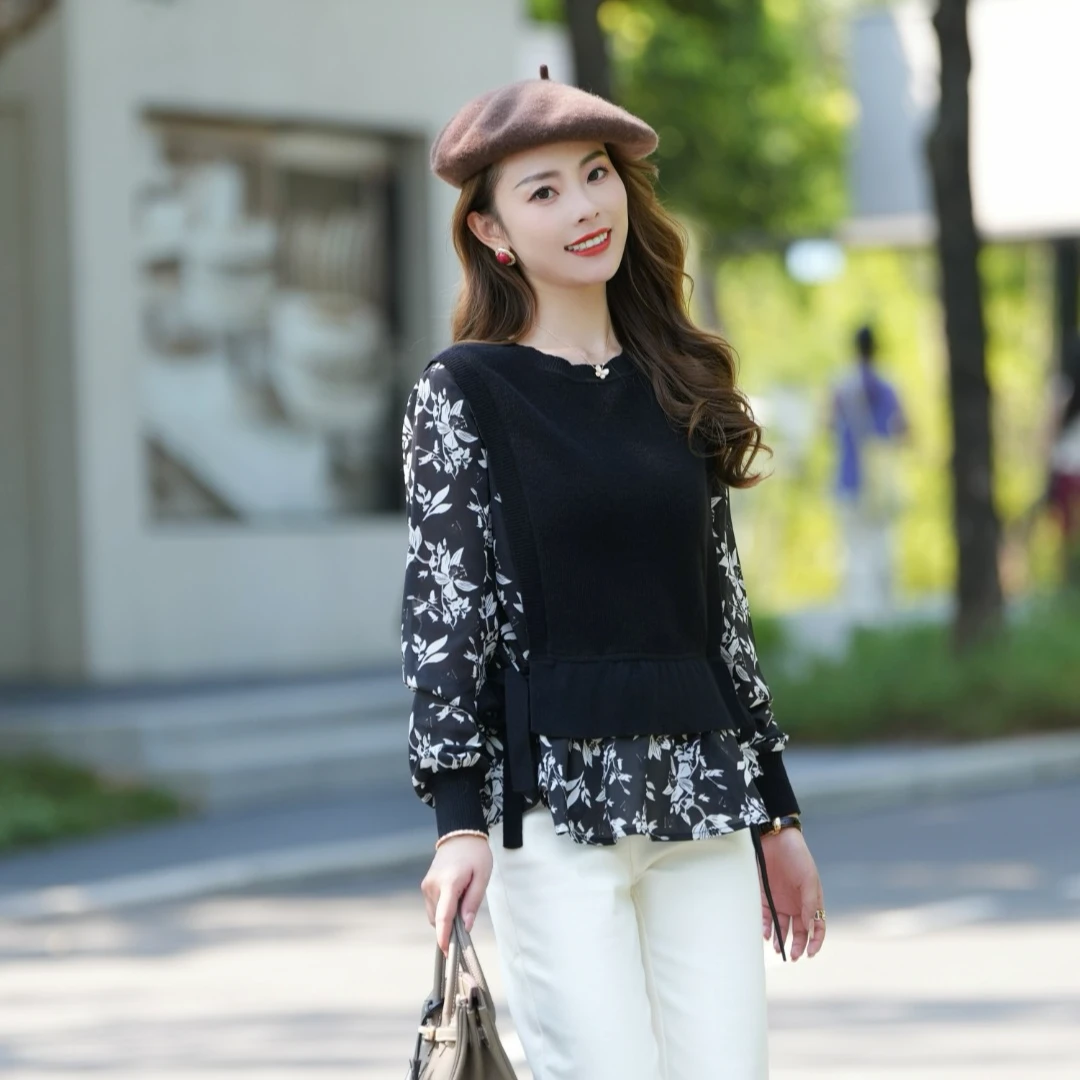 YINER音儿 新款假两件拼接印花百搭遮肉毛针织衫8C64306316