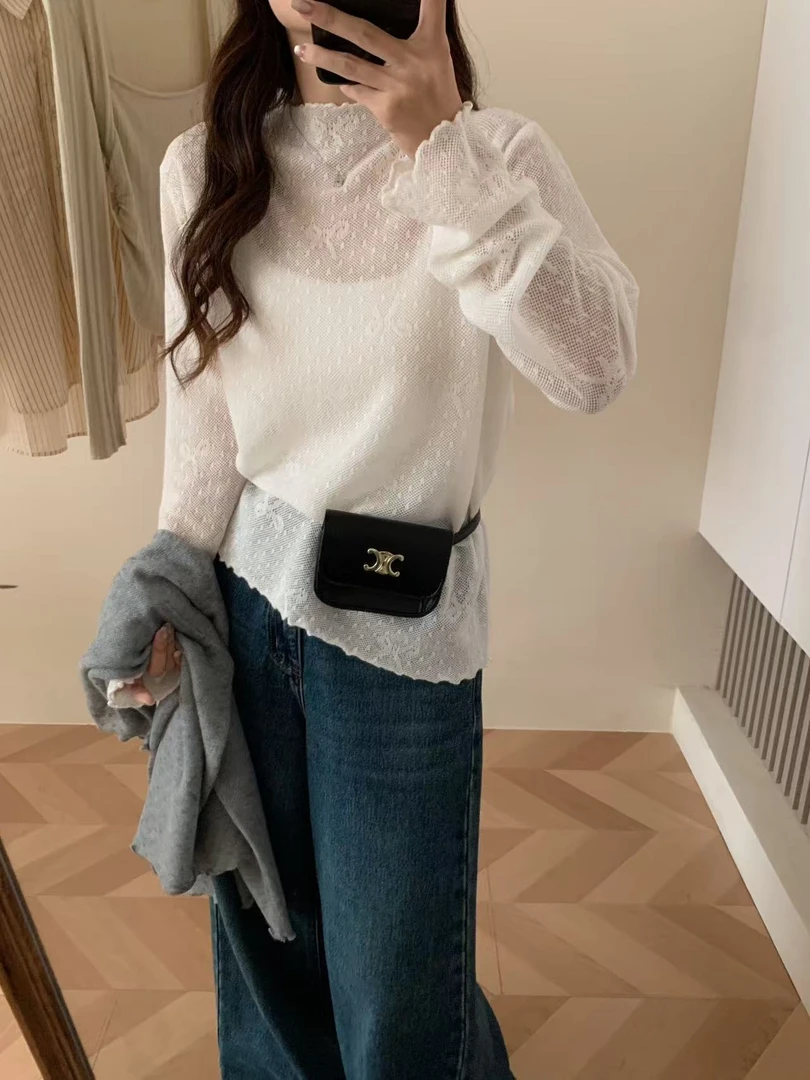 【蕾丝打底】韩国暗纹蝴蝶结欧根纱拼蕾丝衫精致木耳边打底衫