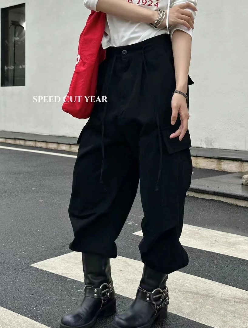 【口袋工装】秋美式辣妹风休闲时尚大口袋宽松显瘦松紧腰阔腿工装裤