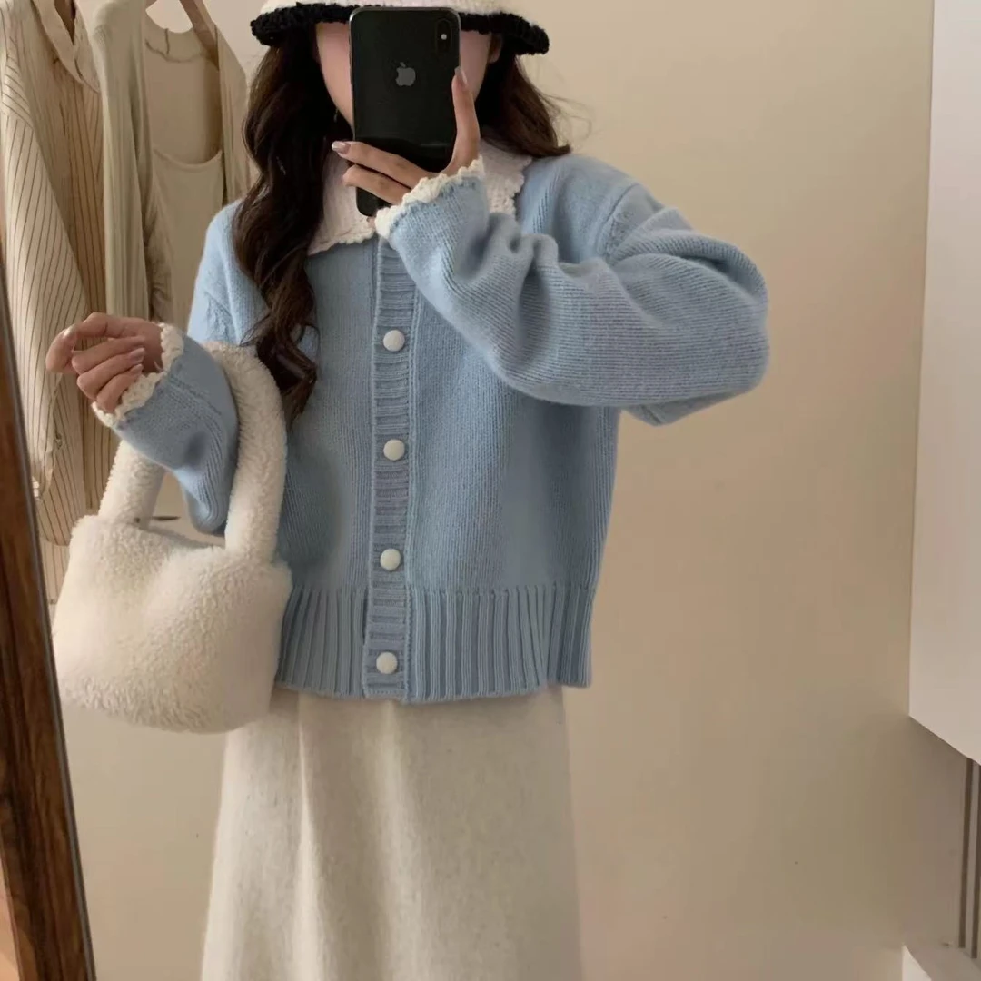 【蓝色钩花】韩系重工钩花娃娃领全羊毛针织开衫女毛衣外套