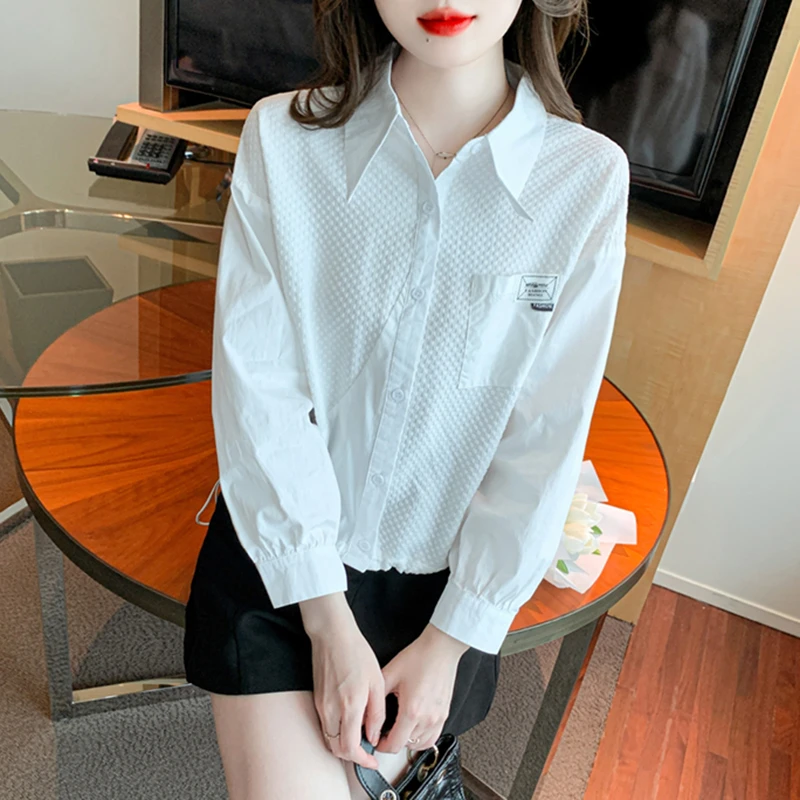 春秋2024新款高级感小众上衣短款白色衬衫女士法式polo领长袖衬衣