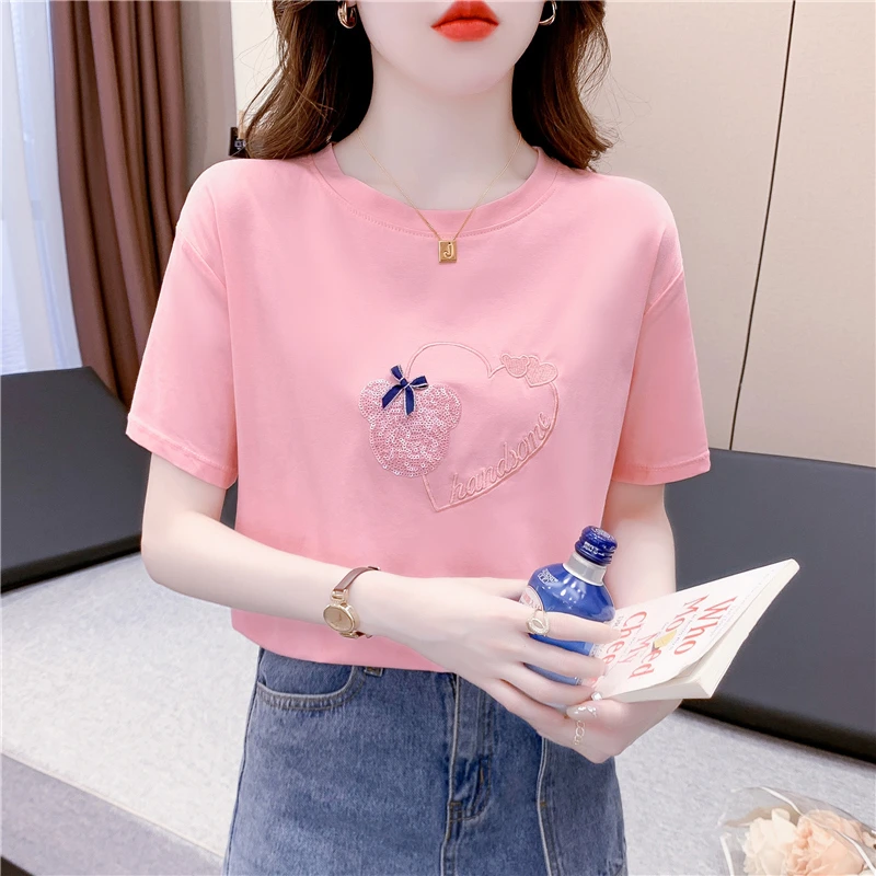 2024新款气质刺绣亮片短袖t恤女士卡通字母时尚潮牌女装夏季上衣