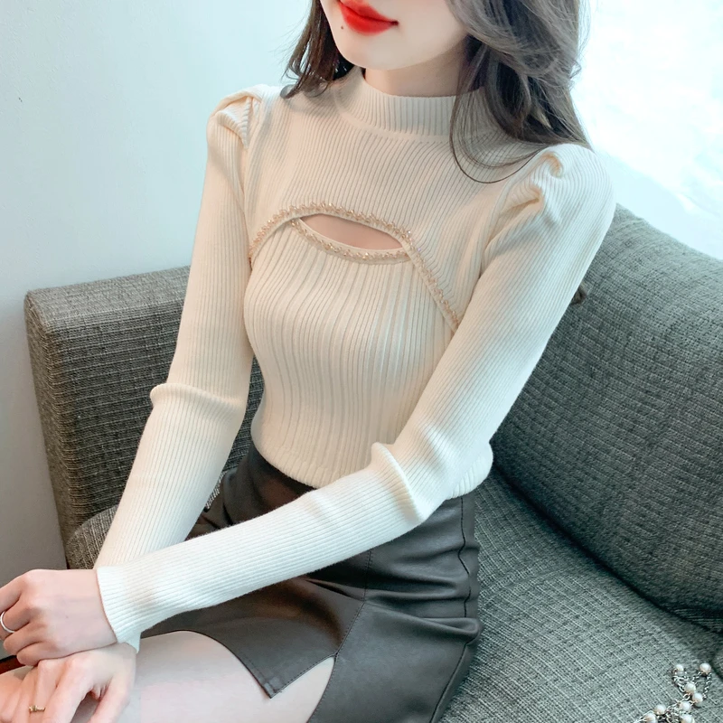 气质泡泡袖上衣钉珠镂空针织衫女士秋冬款半高领长袖毛衣打底内搭
