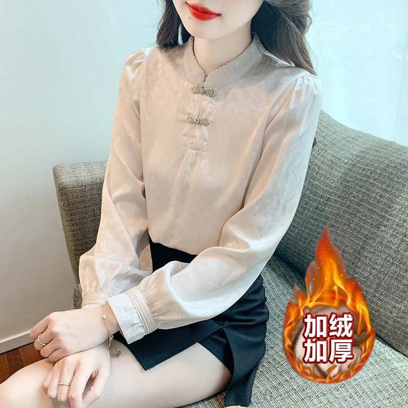 新中式盘扣长袖衬衫女装2024秋冬新款高级感雪纺衬衣加绒法式上衣