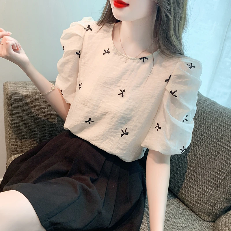 2024新款夏洋气上档次泡泡短袖雪纺上衣女士女神范气质遮肚子小衫