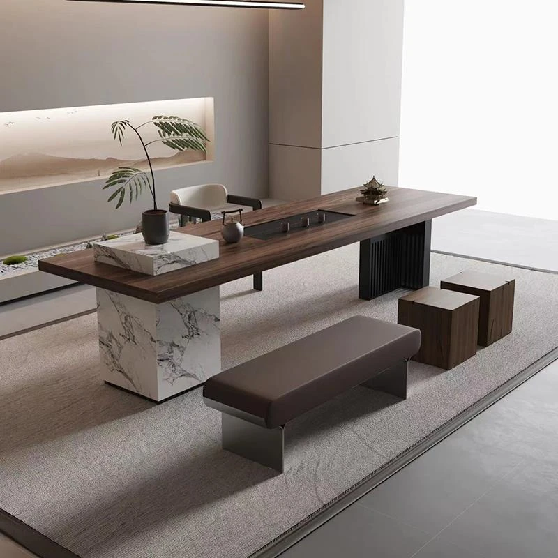 新中式茶桌椅组合现代轻奢简约实木茶室岩板岛台泡茶桌设计师定制