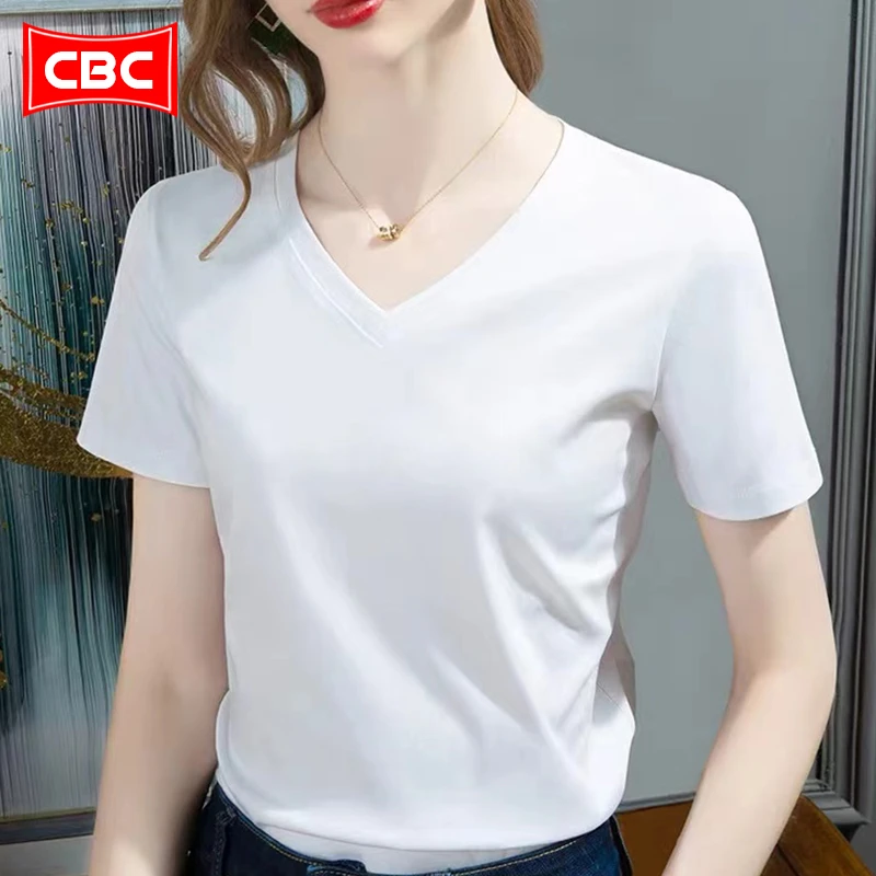 COBCBC桑蚕丝女t恤V领简约纯色休闲短袖2024年新款夏季薄款打底衫