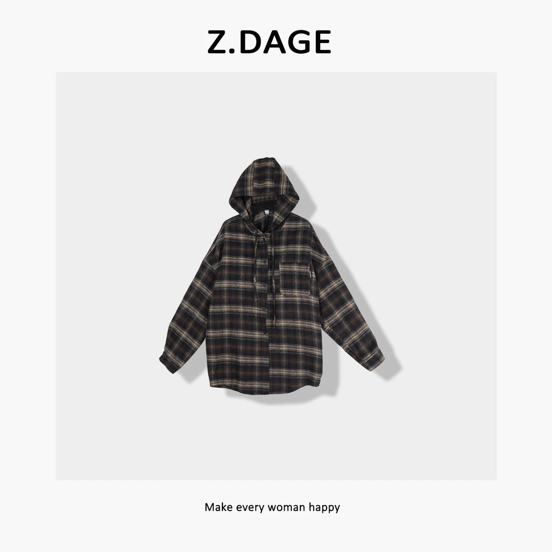 z.dage'利落秋冬‘时尚休闲百搭秋冬新款连帽格子衬衫-82046