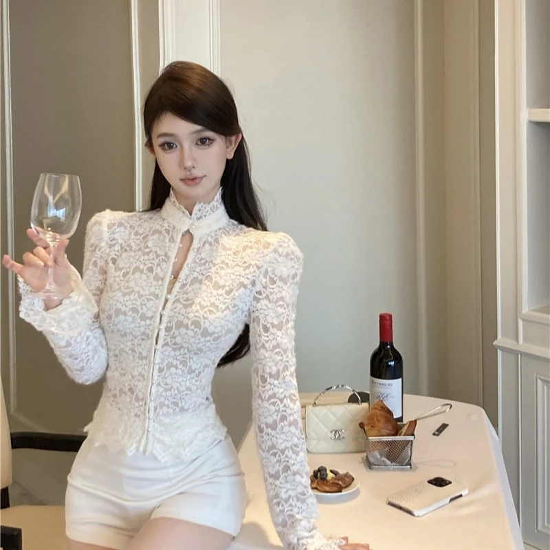 名媛宫廷风长袖开衫女秋冬纯欲辣妹半高领上衣磨毛蕾丝打底衫内搭