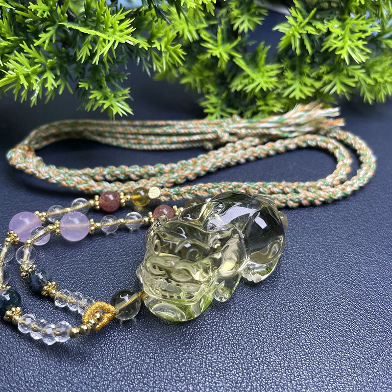 天然黄水晶貔貅吊坠男女士情侣款毛衣链项链潮流饰品礼物