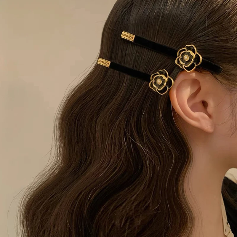 法式复古黑色山茶花发夹百搭小香风高级感侧边刘海夹子赫本风发饰