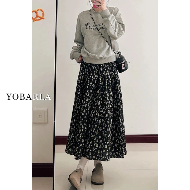 黑色碎花半身裙女高腰秋冬大码显瘦胖mm梨形身材遮胯中长款a字裙