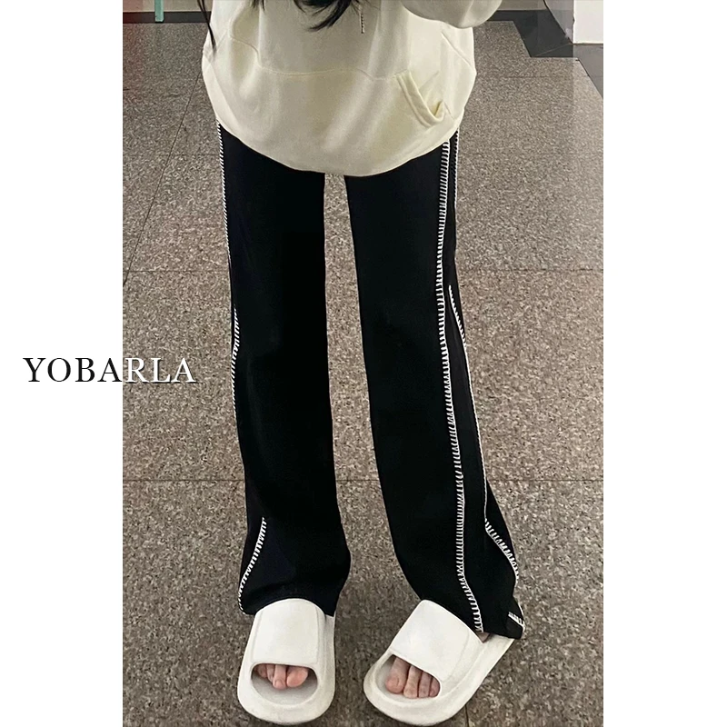 黑色条纹直筒休闲裤女夏季梨形身材胖mm显瘦宽松大码垂感阔腿裤子