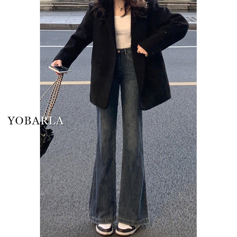 蓝灰色微喇牛仔裤女冬季加绒大码胖mm高腰梨型身材直筒马蹄裤