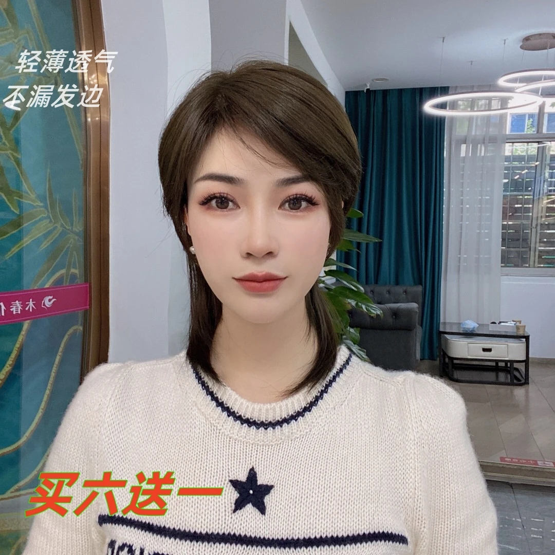 木春挂耳网红新款中长发手工钩织头顶自然蓬松轻薄透气假发闷青色