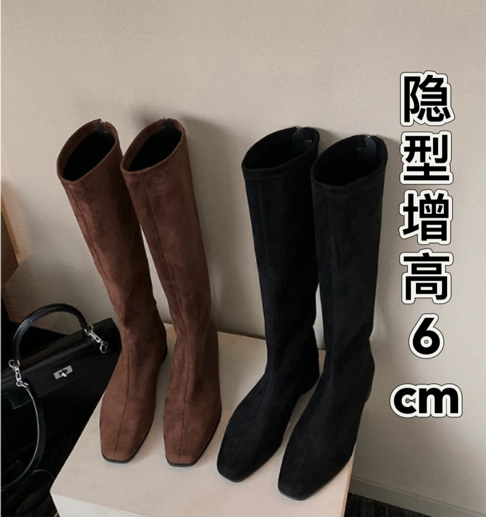 内增高6cm~欧美复古英伦风马丁靴长筒靴秋冬方头粗跟骑士靴瘦瘦靴