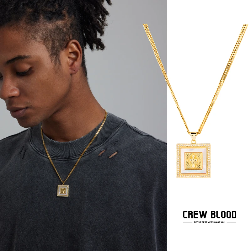 钛钢合成锆石项链 CREW欧美十字架白贝项链吊坠金色古巴链街头