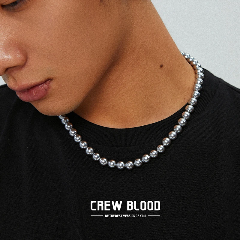 钛钢仿珍珠项链 CREW欧美灰色贝珠项链男个性ins街头时尚