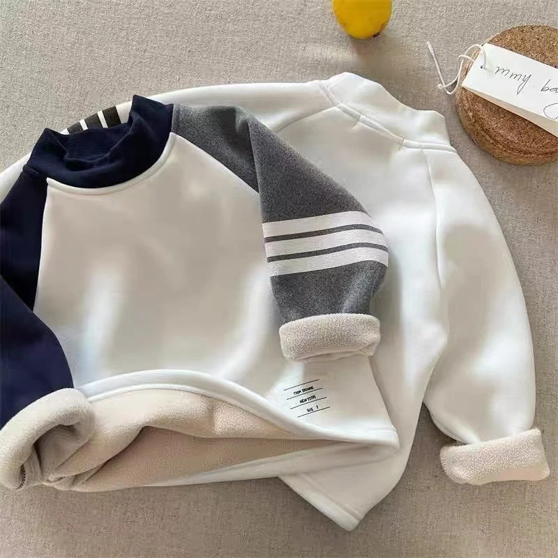 儿童德绒加绒打底衫冬男女童潮牌半高领中小童宝宝三道杠内搭上衣