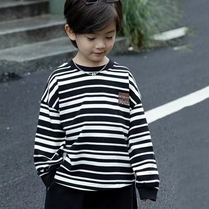 童装春款条纹T恤男童秋装新款儿童小男孩秋季个性潮流上衣宝宝潮