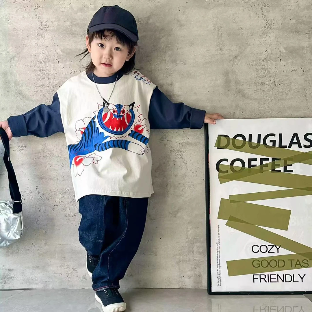 儿童春秋卡通长袖T恤2024新款男女童宝宝秋装拼色休闲上衣打底衫