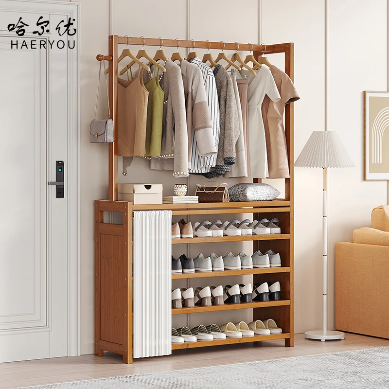 哈尔优家用入户门口落地立式一体鞋帽架防尘带帘衣帽架简易鞋架子