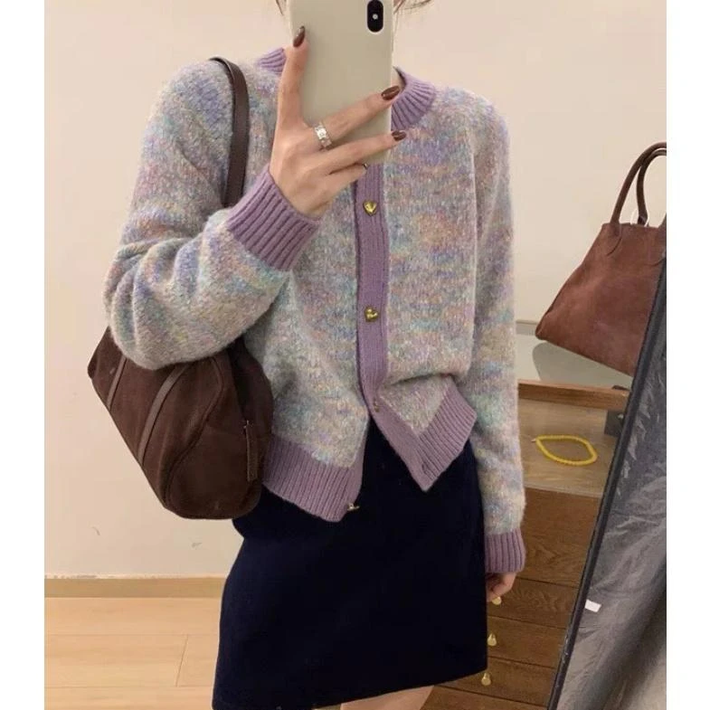 秋冬爆款花紫小香风锻染彩虹纱加厚外套宽松针织毛衣女显白洋气