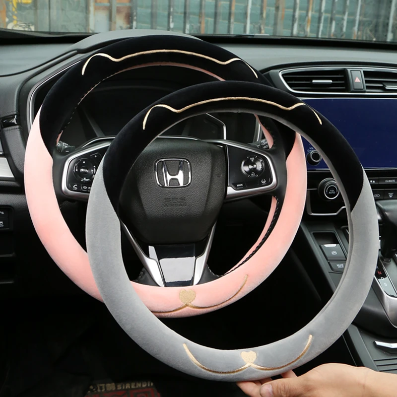 新款刺绣冬季短毛绒方向盘套女韩国可爱保暖通用型卡通汽车把套