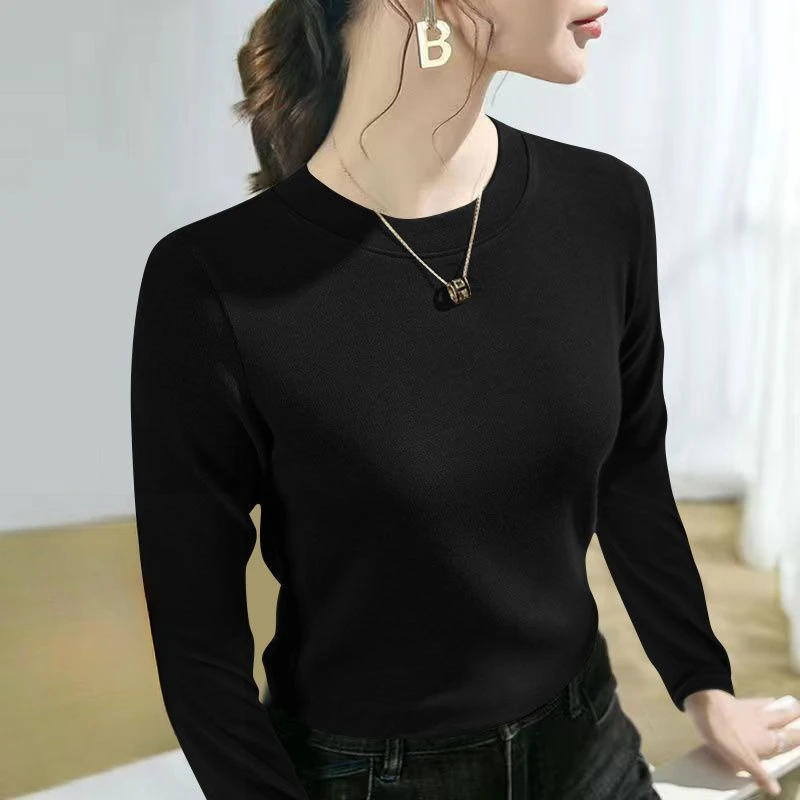 2025打底衫秋冬季百搭螺纹百搭T恤女修身纯色圆领长袖