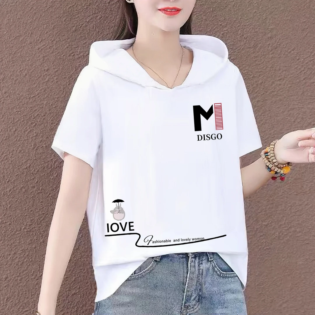 棉连帽白色短袖卫衣女夏季薄款新款宽松带帽桖t上百搭上衣