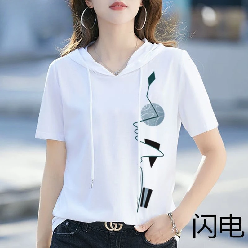 棉连帽白色短袖卫衣女夏季薄款2024新款宽松带帽t恤显瘦洋气