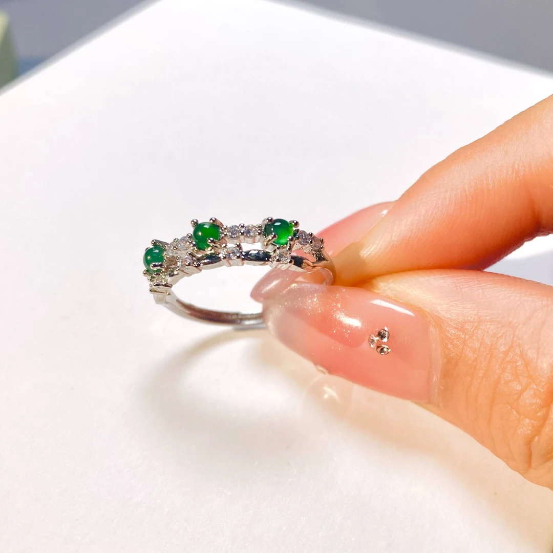 翡翠A货阳绿天然多个蛋面戒指百搭s925银镶嵌开口戒轻奢气质41