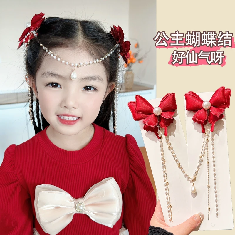儿童红色蝴蝶结发饰女童吊坠仙气公主发夹中国风气质发饰女孩发卡
