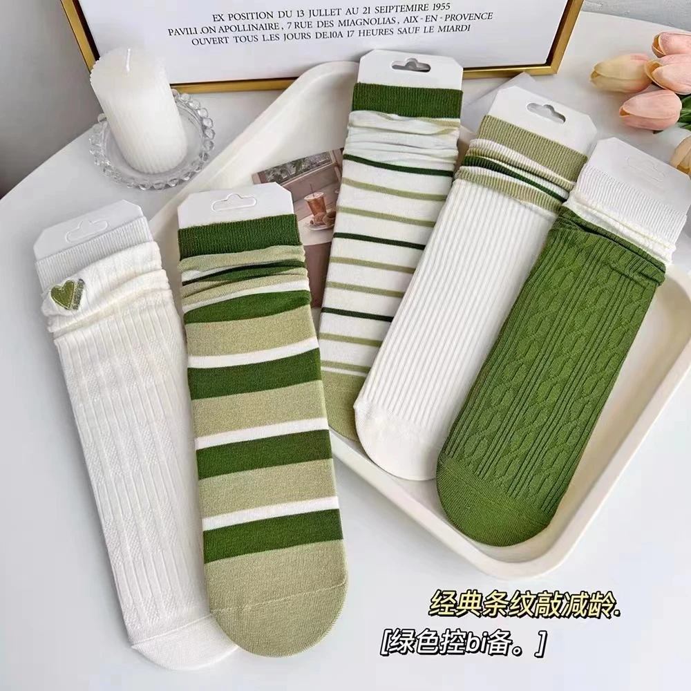 5双袜子女长筒袜春夏中筒袜潮薄款学院风绿色堆堆袜女袜成人夏季