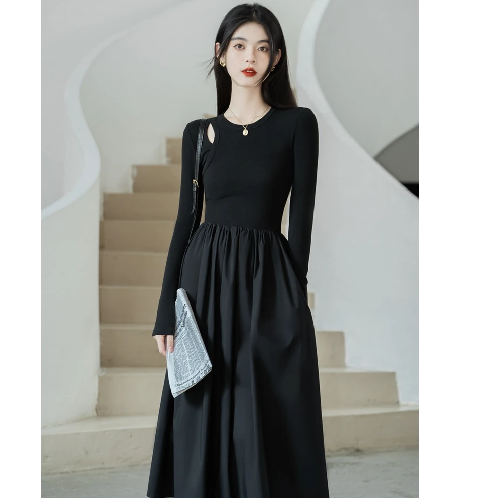 镂空长袖黑色连衣裙赫本风修身气质显瘦长裙春秋季收腰拼接裙子