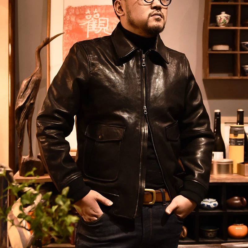 官官真皮 头层山羊皮1966 男士翻领 休闲时尚商务经典修身夹克