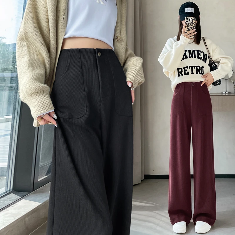 秋冬新款宽松加绒阔腿裤女显瘦高腰冬季小个子安可拉红长裤2408