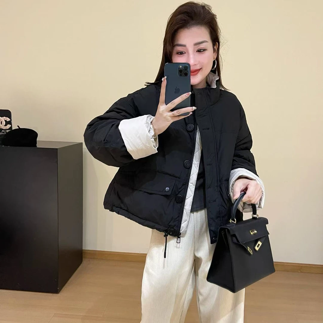 2455【柿子熟了】诗诗家2024秋冬简约抽绳设计感纽扣纯色短款羽绒服