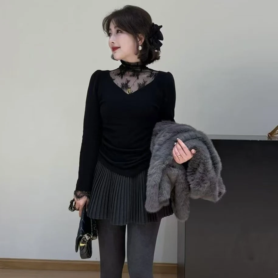 761【蕾丝绮梦】诗诗家2024冬季蕾丝设计百搭澳绒简约长袖打底上衣