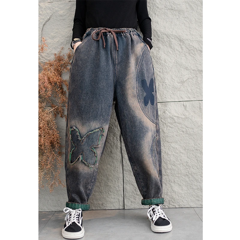 加绒加厚水洗牛仔裤女宽松大码中高腰显瘦百搭哈伦裤洋气阔腿裤