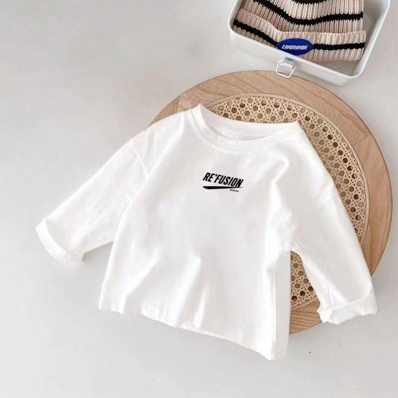 100%棉儿童长袖T恤2024春秋新款时尚白色印花上衣男女童打底衫潮T